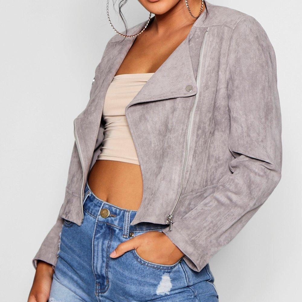 BOOHOO GREY SEUDETTE BIKER JACKET